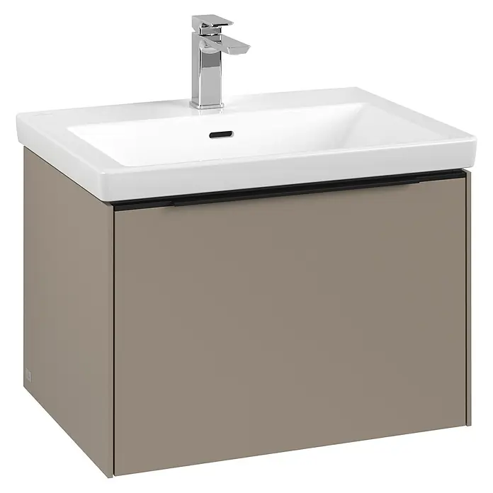 Villeroy & Boch Subway 3.0 Waschbeckenunterschrank - Taupe, Anzahl Schubladen: 1 Stk., Farbe Griff: Volcano Black, B x T x H: 62,2 x 47,8 x 42,9 cm - Ein moderner Waschtischunterschrank in Taupe mit einem eleganten, weißen Aufsatzwaschbecken und einer stilvollen Armatur.