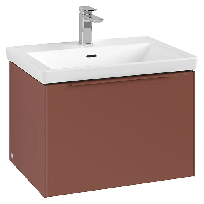 Villeroy & Boch Subway 3.0 Waschbeckenunterschrank - Wine Red, Anzahl Schubladen: 1 Stk., Farbe Griff: Monochrom, B x T x H: 62,2 x 47,8 x 42,9 cm - Elegantes Badezimmer-Waschbecken mit braunem Unterschrank und modernem Chromhahn für ein stilvolles Ambiente.