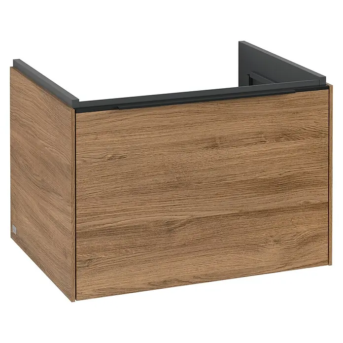 Villeroy & Boch Subway 3.0 Waschbeckenunterschrank - Kansas Oak, Anzahl Schubladen: 1 Stk., Farbe Griff: Volcano Black, B x T x H: 62,2 x 47,8 x 42,9 cm - Produktansicht eines Waschtischunterschranks in Holzoptik mit grauem Rahmen.