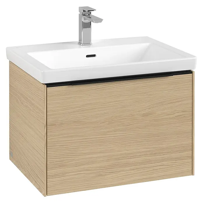 Villeroy & Boch Subway 3.0 Waschbeckenunterschrank - Nordik Oak, Anzahl Schubladen: 1 Stk., Farbe Griff: Volcano Black, B x T x H: 62,2 x 47,8 x 42,9 cm - Ein stilvolles Waschbecken mit Unterschrank in Holzoptik und einer modernen Armatur, ideal für jedes Badezimmerdesign.