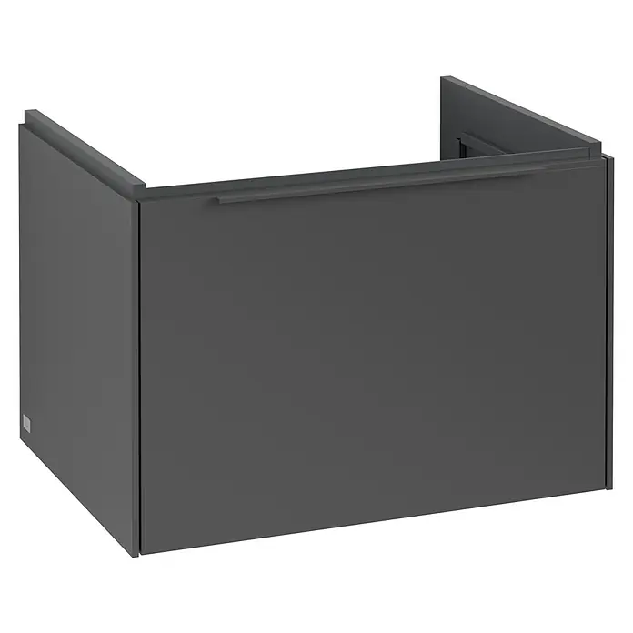 Villeroy & Boch Subway 3.0 Waschbeckenunterschrank - Graphite, Anzahl Schubladen: 1 Stk., Farbe Griff: Monochrom, B x T x H: 62,2 x 47,8 x 42,9 cm - Dieses Bild zeigt eine moderne, graue Duschkabine mit klaren Linien und einem minimalistischen Design. Sie ist die perfekte Ergänzung für jedes moderne Badezimmer.