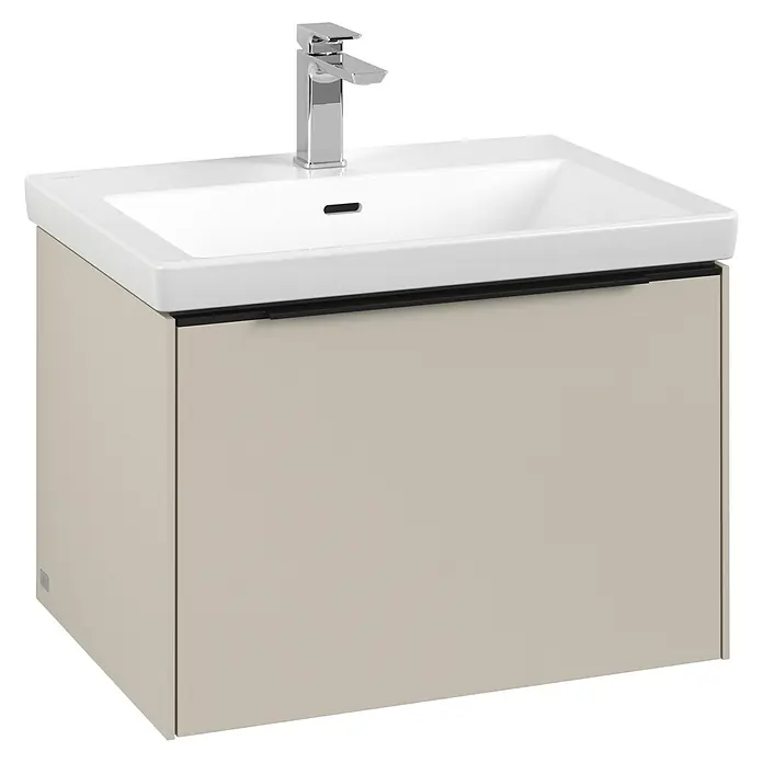Villeroy & Boch Subway 3.0 Waschbeckenunterschrank - Cashmere Grey, Anzahl Schubladen: 1 Stk., Farbe Griff: Volcano Black, B x T x H: 62,2 x 47,8 x 42,9 cm - Ein moderner Waschtisch mit Unterschrank in Beige und einer eleganten Armatur, ideal für ein stilvolles Badezimmer.