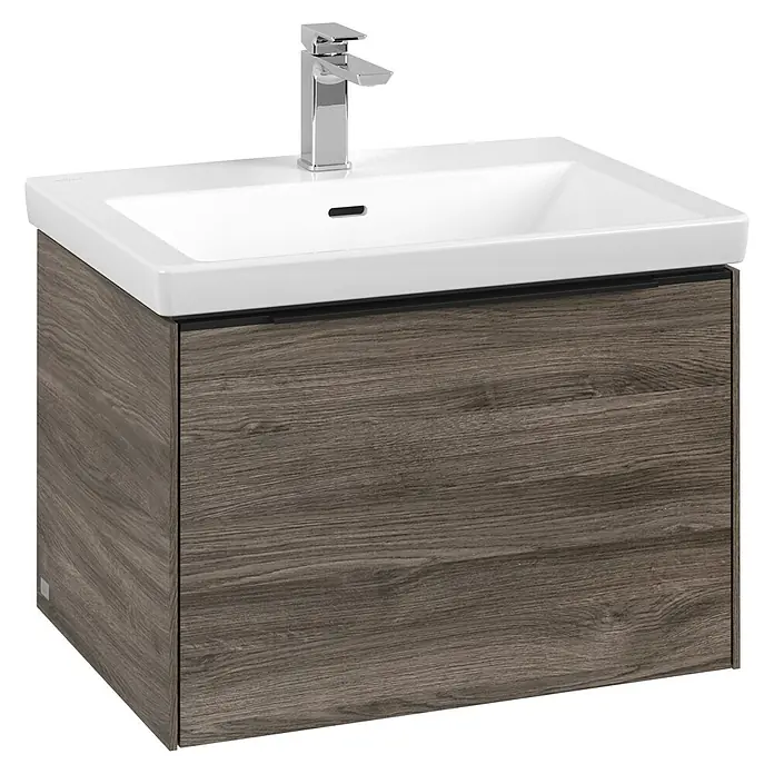 Villeroy & Boch Subway 3.0 Waschbeckenunterschrank - Stone Oak, Anzahl Schubladen: 1 Stk., Farbe Griff: Volcano Black, B x T x H: 62,2 x 47,8 x 42,9 cm - Ein moderner Waschtisch mit einem stilvollen Holzunterschrank und einem eleganten, weißen Waschbecken, perfekt für jedes Badezimmer.