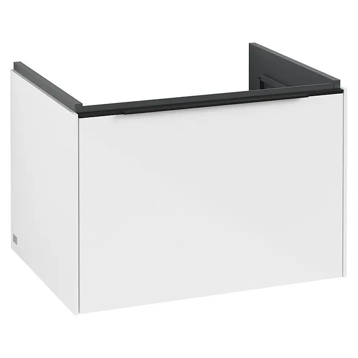 Villeroy & Boch Subway 3.0 Waschbeckenunterschrank - Brilliant White, Anzahl Schubladen: 1 Stk., Farbe Griff: Volcano Black, B x T x H: 62,2 x 47,8 x 42,9 cm - Moderne weiße Duschkabine mit elegantem, dunklem Rahmen, die ein stilvolles Badezimmererlebnis verspricht.