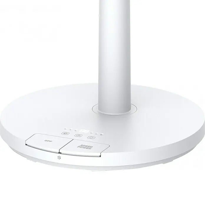 Purline Venty Ventilador de pie Mobile - Blanco, 30 cm, 100 cm - Primer plano de la base de un ventilador blanco con panel de control.