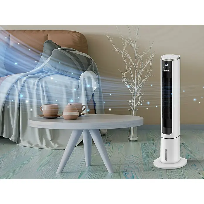 Purline Rafy Climatizador evaporativo 75N - Blanco, Altura: 101 cm - Un elegante ventilador de torre blanco proporciona una brisa refrescante en un espacio habitable acogedor.