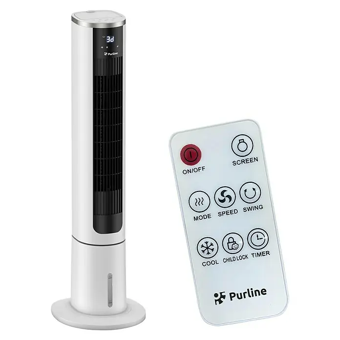 Purline Rafy Climatizador evaporativo 75N - Blanco, Altura: 101 cm - Un ventilador de torre Purline en blanco con un control remoto para gestionar modos, velocidad y temporizador para un confort óptimo.