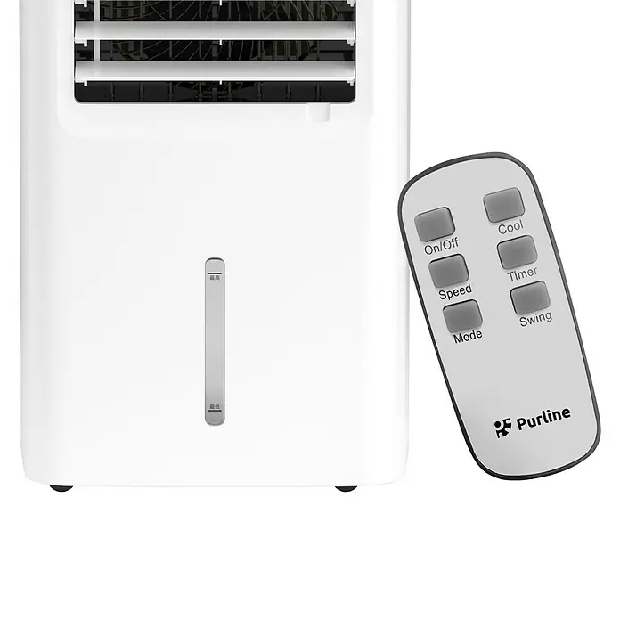 Purline Rafy Climatizador evaporativo 99D - Blanco, Altura: 82 cm - Primer plano de un enfriador evaporativo Purline con su mando a distancia.