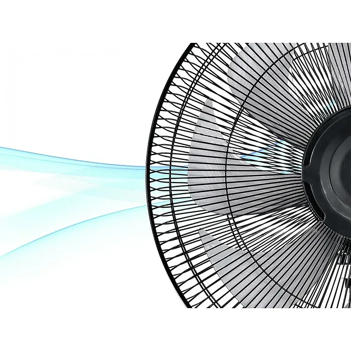 Purline Misty Ventilador de pie 4 - Negro, 40 cm, 125 cm - Primer plano de un ventilador con rejilla de seguridad y flujo de aire simulado, ideal para días calurosos.
