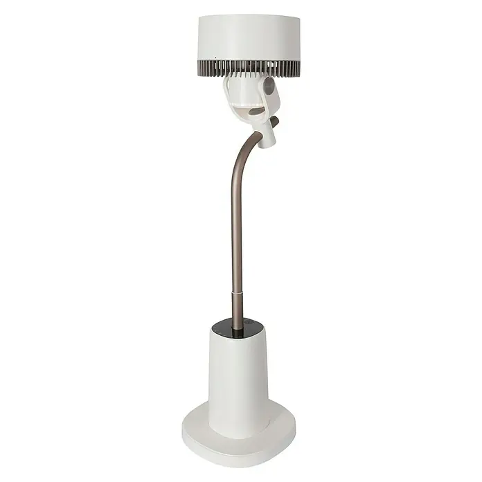 Purline Venty Ventilador de pie Ambience - Blanco, 27 cm, 100 cm - Imagen de un ventilador de torre con base blanca y poste plateado, ideal para refrescar cualquier habitación con su diseño elegante.