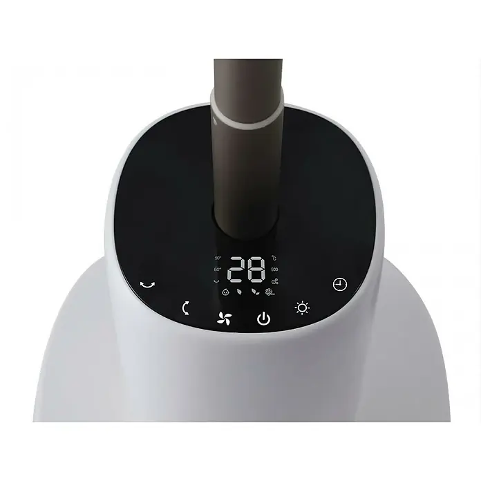 Purline Venty Ventilador de pie Ambience - Blanco, 27 cm, 100 cm - Primer plano de un ventilador de torre inteligente con pantalla digital y controles táctiles para varias funciones.