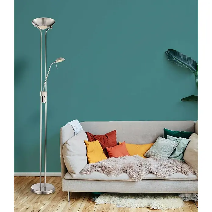 Globo Lámpara de pie Leonas - 20 W, Altura: 180 cm - Elegante lámpara de pie de acero cepillado con luz de lectura. Ideal para salones y dormitorios, proporcionando iluminación elegante.