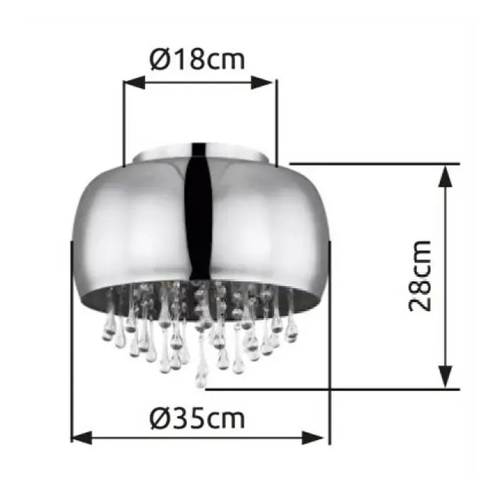Globo LED-Deckenleuchte Kalla - 25 W - Abbildung einer verchromten Deckenleuchte mit Kristallanhängern und den Maßen Ø18cm, Ø35cm und 28cm Höhe.