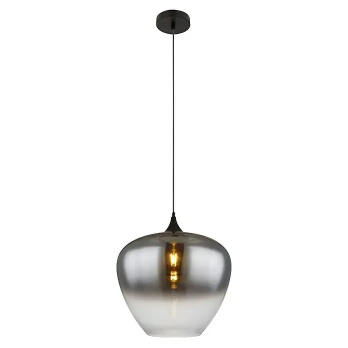 Globo Pendelleuchte Maxy - 1 Stk. - Nahaufnahme einer stilvollen Hängeleuchte mit einem grauen Glasschirm, der ein warmes Licht ausstrahlt und eine elegante Atmosphäre schafft.