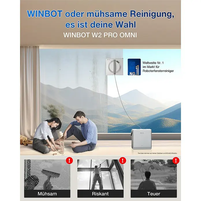 Ecovacs Fensterreinigungsroboter Winbot W2 Pro Omni SET - Tankvolumen: 60 ml, Akkulaufzeit: 110 min, Inkl. 1 l Ecovacs Winbot Cleaning Solution - Werbung für den WINBOT W2 PRO OMNI Fensterreinigungsroboter, eine bequeme Alternative zur mühsamen Fensterreinigung.
