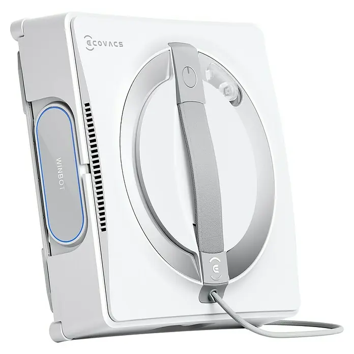 Ecovacs Fensterreinigungsroboter Winbot W2 Pro Omni SET - Tankvolumen: 60 ml, Akkulaufzeit: 110 min, Inkl. 1 l Ecovacs Winbot Cleaning Solution - Der Ecovacs Winbot Fensterputzroboter ist weiß mit einem grauen Griff in der Mitte und dem Ecovacs-Logo oben.