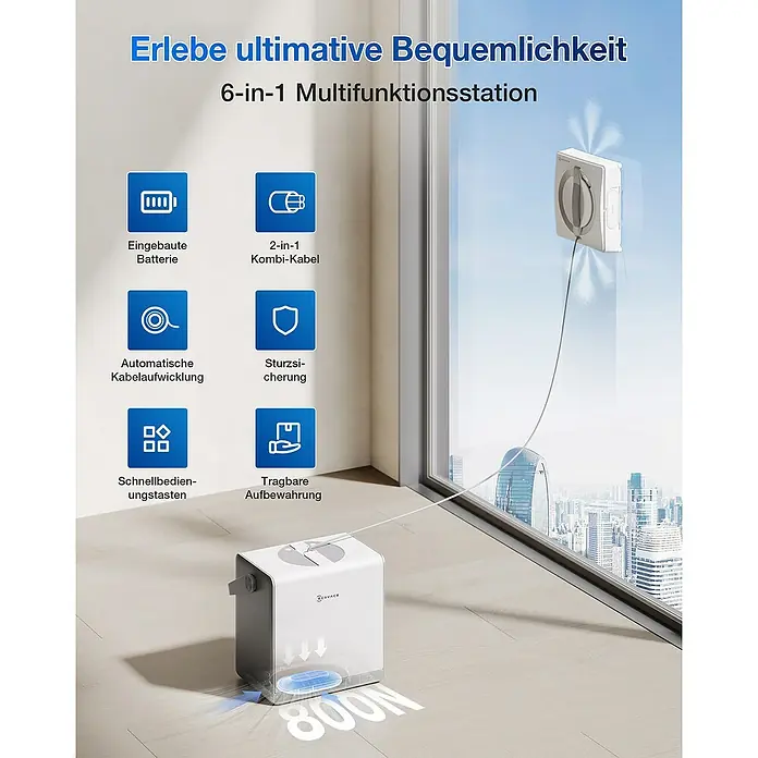 Ecovacs Fensterreinigungsroboter Winbot W2 Pro Omni SET - Tankvolumen: 60 ml, Akkulaufzeit: 110 min, Inkl. 1 l Ecovacs Winbot Cleaning Solution - Das Bild zeigt eine 6-in-1 Multifunktionsstation mit eingebauter Batterie, Kombi-Kabel, automatischer Kabelaufwicklung und Sturzsicherung.