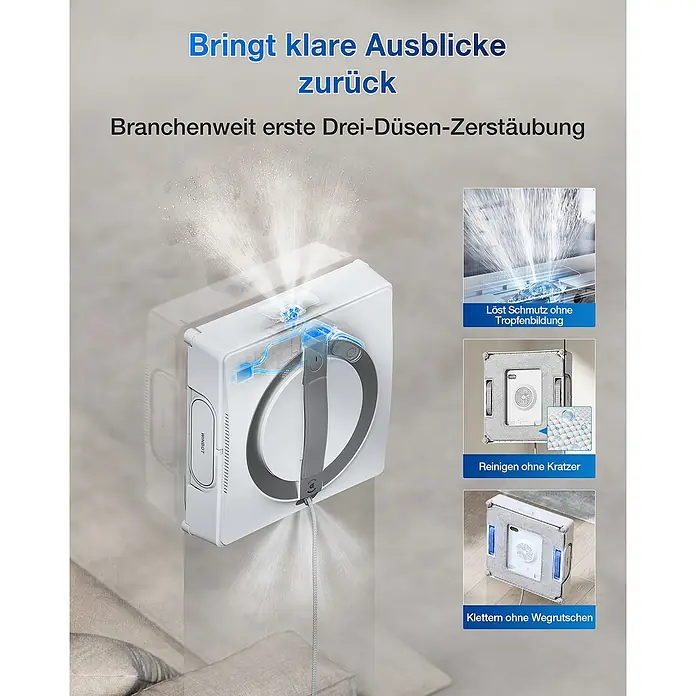Ecovacs Fensterreinigungsroboter Winbot W2 Pro Omni - Wassertankvolumen Roboter: 60 ml, Akkulaufzeit: 110 min - Der WINBOT Fensterputzroboter sorgt für klare Sicht mit seiner Drei-Düsen-Zerstäubung und hinterlässt streifenfreie, saubere Fenster.