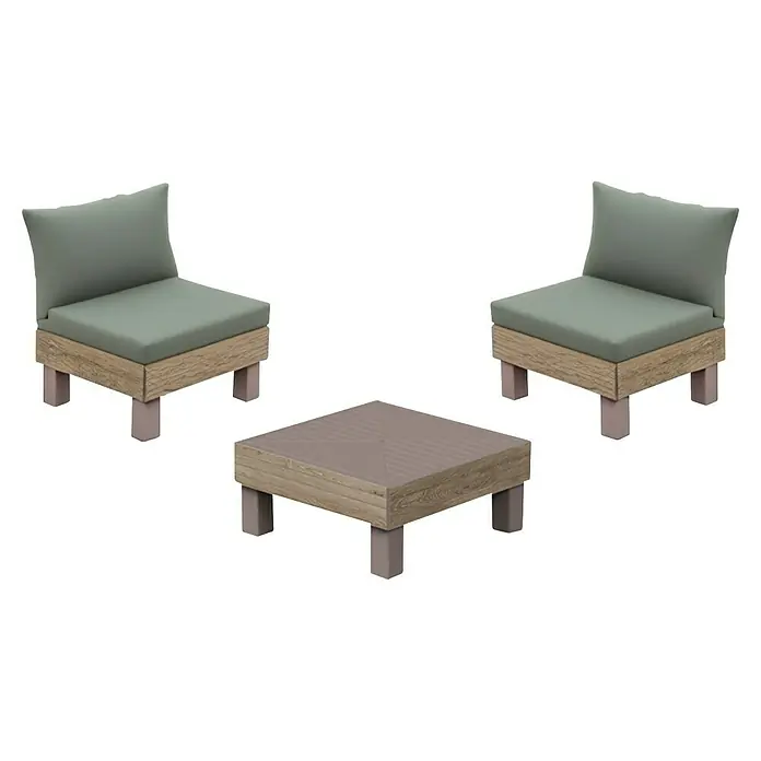 Keter Conjunto de muebles Elements - Número de personas máx.: 2, 3 pzs., Polipropileno, Verde/Madera - Elegante zona de estar con dos sillas verdes y una mesa de centro a juego. El conjunto cuenta con un diseño moderno y elementos de madera natural.