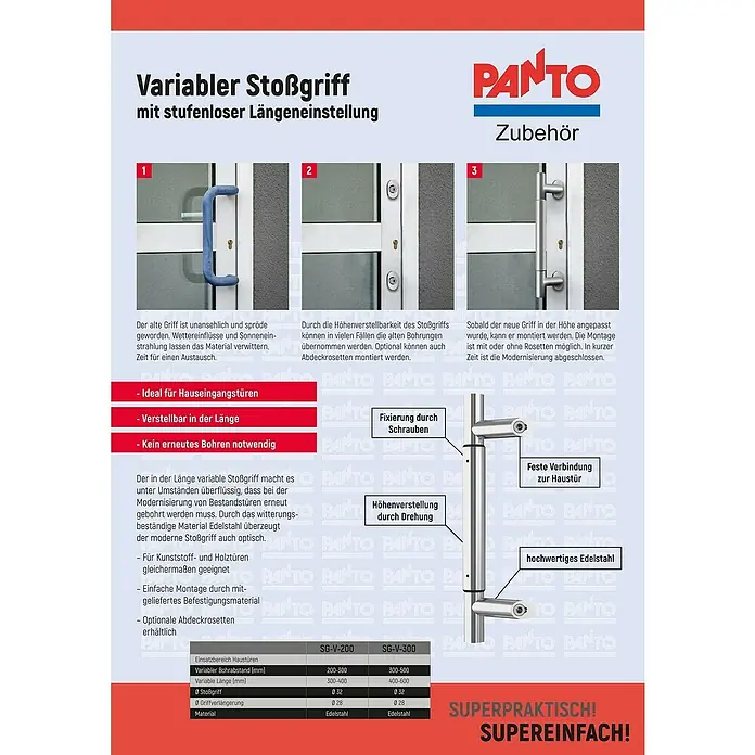 Panto Stoßgriff-Set variabel - Passend für: Haus- & Nebeneingangstüren, Variable Länge 300 – 400 mm - Variabler Stoßgriff für Haustüren mit stufenloser Längeneinstellung und einfacher Montage.