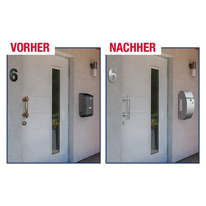 Panto Stoßgriff-Set variabel - Passend für: Haus- & Nebeneingangstüren, Variable Länge 300 – 400 mm - Bild von einem Haustür-Makeover, von traditionellen Bronze-Beschlägen zu modernen Edelstahlgriffen und Briefkasten.