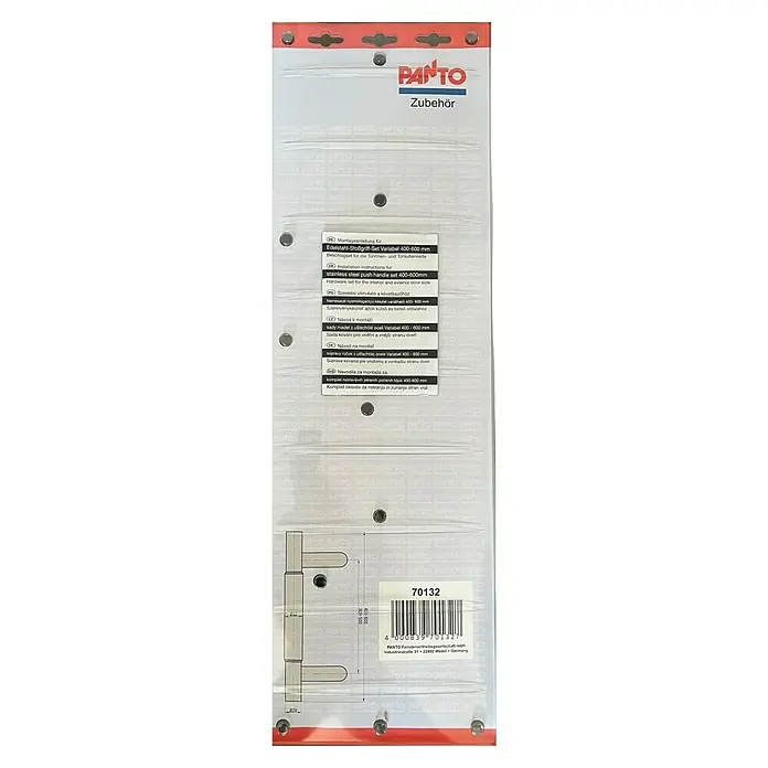 Panto Stoßgriff-Set variabel - Passend für: Haus- & Nebeneingangstüren, Variable Länge 400 – 600 mm - Abbildung einer Verpackung eines Panto Edelstahl-Stoßgriff-Sets Variabel 400-600 mm mit Montageanleitung für Tür- und Türäußenseite.