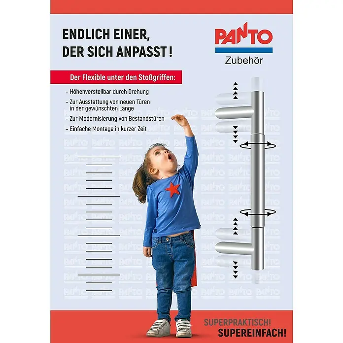 Panto Stoßgriff-Set variabel - Passend für: Haus- & Nebeneingangstüren, Variable Länge 300 – 400 mm - Produktanzeige für den flexiblen Panto Türgriff, höhenverstellbar und einfach zu montieren.