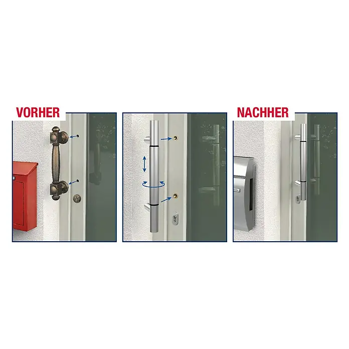 Panto Stoßgriff-Set variabel - Passend für: Haus- & Nebeneingangstüren, Variable Länge 300 – 400 mm - Vorher-Nachher-Vergleich einer modernen Türgriff-Installation, zeigt den Unterschied in Design und Funktionalität der Türgriffe und Briefkästen.