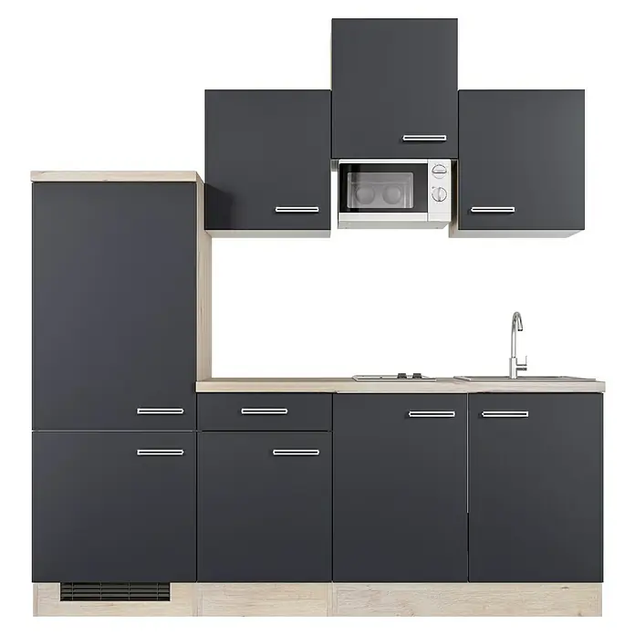 Flex-Well Turin Singleküche mit Mikrowelle - Breite: 210 cm, Anthrazit, Mit Elektrogeräten - Moderne Küche mit grauen Schränken, hellen Arbeitsplatten und integrierten Geräten für ein stilvolles Zuhause.