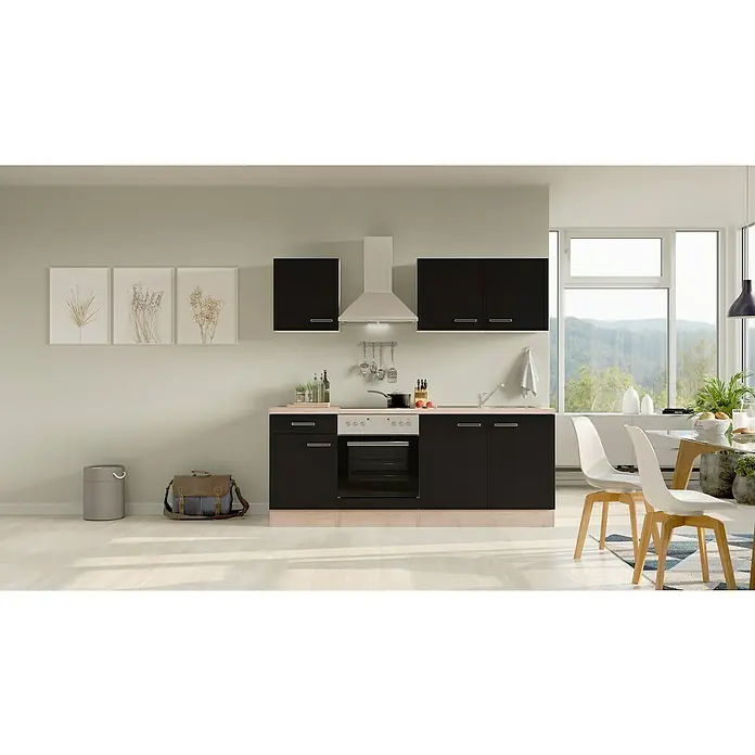 Flex-Well Turin Singleküche - Breite: 210 cm, Anthrazit, Mit Elektrogeräten - Helle Küche mit schwarzen Küchenschränken und Holzarbeitsplatte, die ein modernes und stilvolles Design bietet. Perfekt für zeitgemäße Wohnräume.