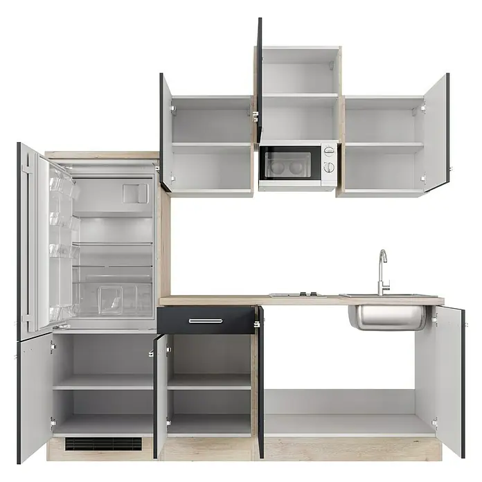 Flex-Well Turin Singleküche mit Mikrowelle - Breite: 210 cm, Anthrazit, Mit Elektrogeräten - Moderne Küchenzeile in Schwarz und Weiß mit Holzoptik, inklusive Kühlschrank, Spüle und Mikrowelle. Viel Stauraum durch Schränke und Schubladen.