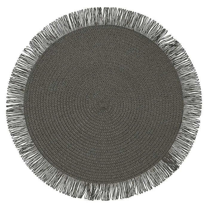 Versa Salvamantel Flecos - Diámetro: 38 cm, Gris - Una alfombra redonda gris con un borde de flecos. La alfombra tiene una textura tejida y está diseñada en círculos concéntricos.