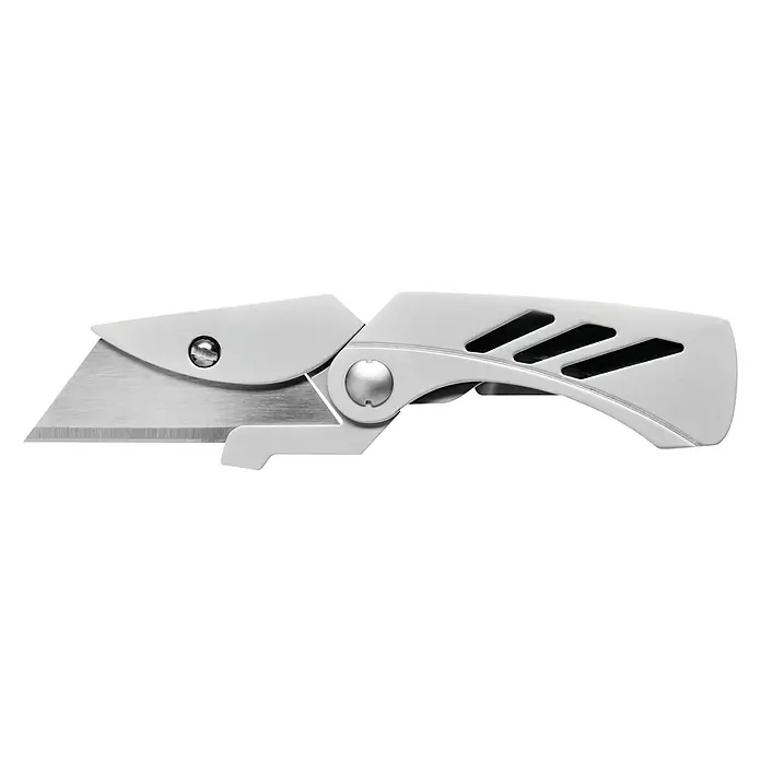 Gerber Cuchillo cúter E.A.B. Lite - Largo: 130 mm, Acero inoxidable, Plateado - Primer plano de un cúter plateado con hoja retráctil y mango ergonómico, perfecto para profesionales y aficionados al bricolaje.