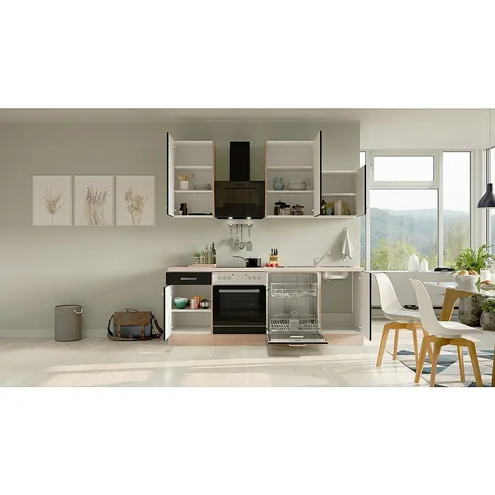 Flex-Well Turin Küchenzeile Typ 4 - Breite: 220 cm, Anthrazit, Mit Elektrogeräten - Moderne Küche mit offenen Schränken, Dunstabzugshaube und Essbereich. Das helle Design sorgt für eine freundliche Atmosphäre.