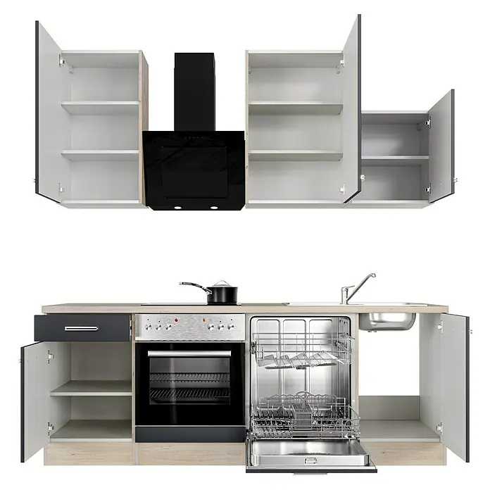 Flex-Well Turin Küchenzeile Typ 4 - Breite: 220 cm, Anthrazit, Mit Elektrogeräten - Moderne Küche mit offenen Schränken, Geschirrspüler und Dunstabzugshaube, präsentiert in einem eleganten und funktionalen Design.
