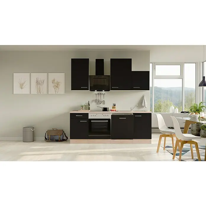 Flex-Well Turin Küchenzeile Typ 4 - Breite: 220 cm, Anthrazit, Mit Elektrogeräten - Moderne Küche mit schwarzen Schränken, hellen Arbeitsplatten und Essbereich mit weißen Stühlen. Die Einrichtung ist stilvoll und funktional.