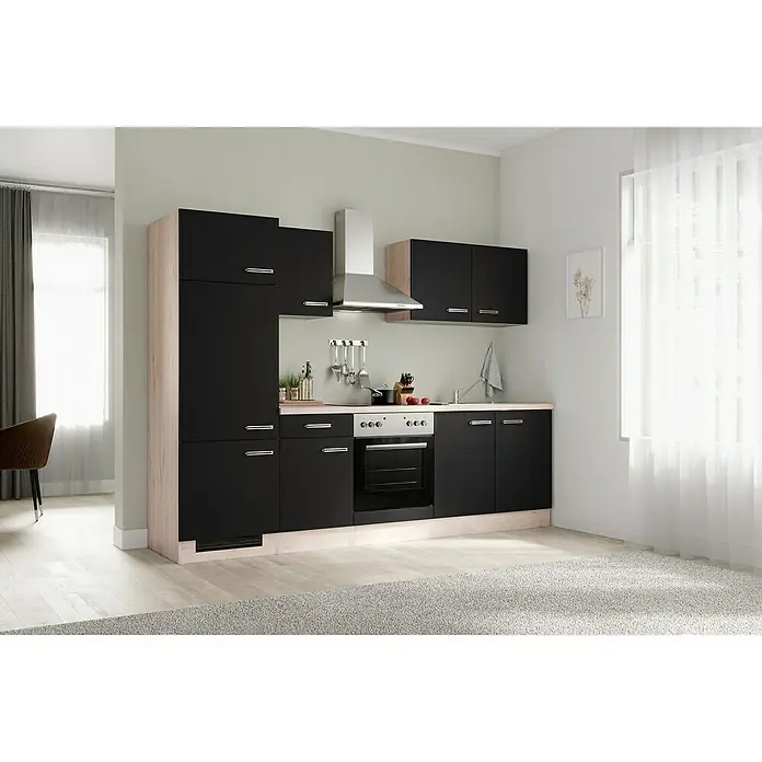 Flex-Well Turin Küchenzeile Typ 2 - Breite: 270 cm, Anthrazit, Mit Elektrogeräten - Moderne Küche mit schwarzen Fronten und Holzkorpus. Helle Arbeitsplatte und silberfarbene Griffe vervollständigen das Design.