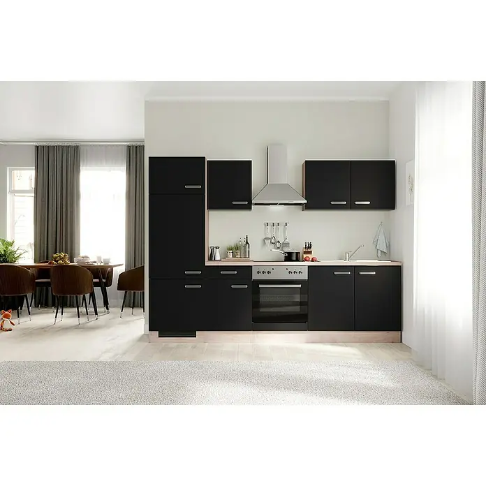 Flex-Well Turin Küchenzeile Typ 2 - Breite: 270 cm, Anthrazit, Mit Elektrogeräten - Schwarze Küche mit viel Stauraum und einer Arbeitsplatte in Holzoptik, ideal für moderne Wohnungen.