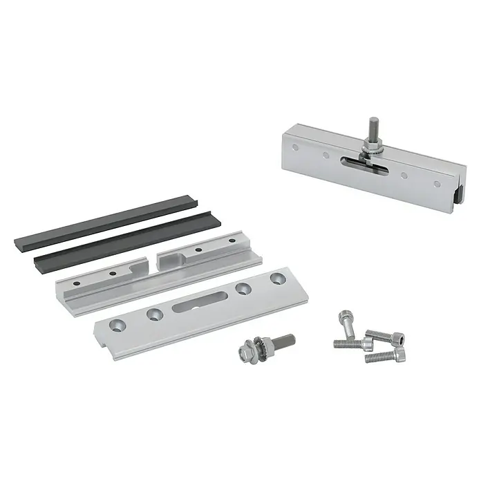 Knauf Pocket Kit Easy Klemmbacken - Stahl, Belastbarkeit: 80 kg - Verschiedene Metallteile, darunter Profile und Schrauben, auf schwarzem Hintergrund, ideal für Bau- oder Reparaturprojekte.