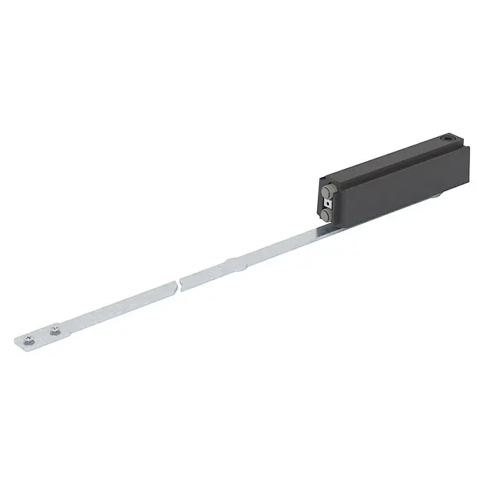 Knauf Pocket Kit Easy Drucktüröffner Push-To-Open - Stahl - Eine Nahaufnahme einer Aluminium-Profilschiene mit einem grauen Linearantrieb darauf, befestigt mit Schrauben.