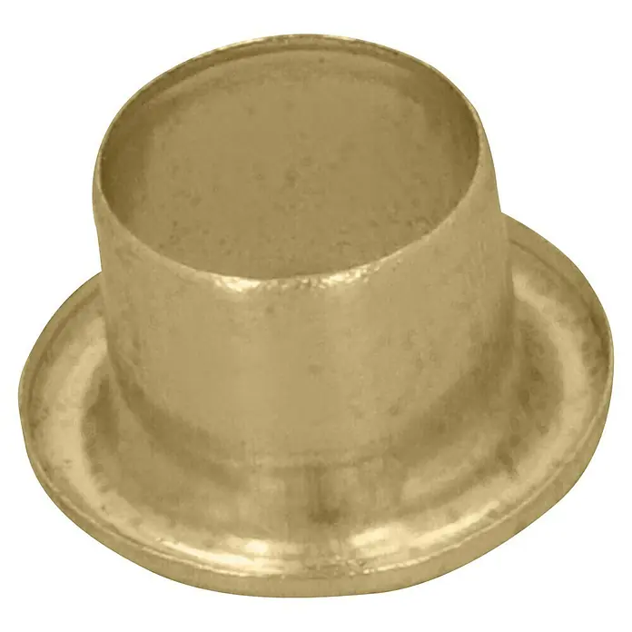 Suki Casquillo para muebles - Diámetro: 7,5 mm, Latón - Primer plano de un ojal dorado, utilizado para reforzar agujeros en tela o cuero. El ojal presenta un eje tubular y un collar plano.