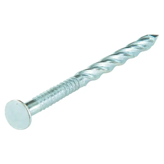 Nagel - Ø x L: 4,5 x 70 mm, Stahl, 40 Stk. - Nahaufnahme eines einzelnen, spiralförmigen, verzinkten Nagels mit flachem Kopf auf schwarzem Hintergrund.