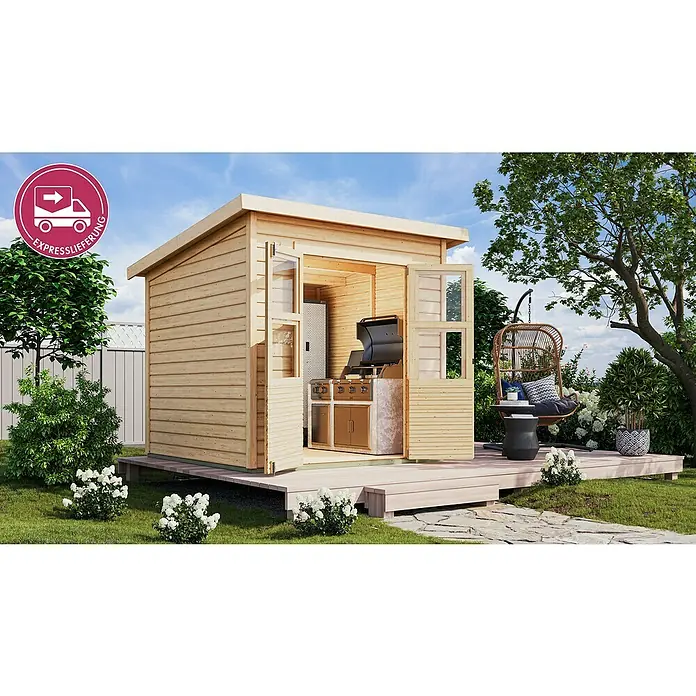 Karibu Gartenhaus Express - Außenmaß inkl. Dachüberstand (B x T): 240 x 236 cm, Holz, Naturbelassen, Ohne Anbau - Holzhütte für den Garten mit Außenküche und Grill, auf einer Holzterrasse.