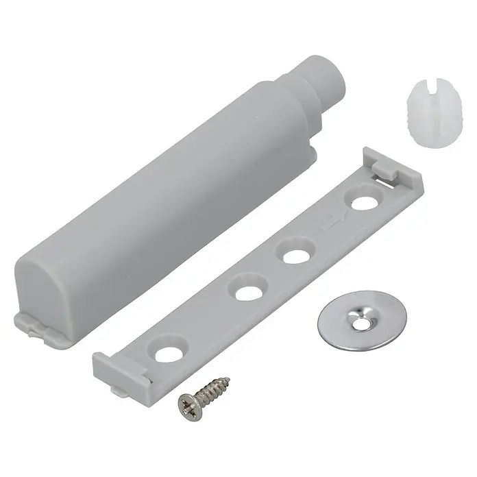 Suki Cerradura magnética - Distancia entre orificios: 20 mm, Plástico - Kit amortiguador soft-close gris claro con placa de montaje, tornillo, arandela y pequeña punta de plástico para puertas de mueble.