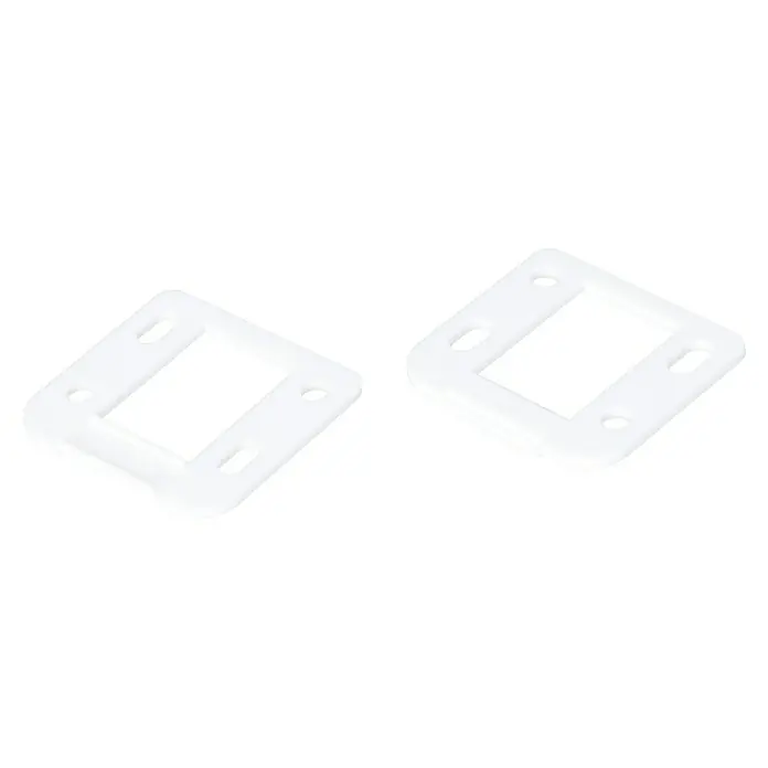 Suki Espaciador - Específico para: Bisagra con resorte Häfele, Blanco - Esta imagen muestra dos soportes de dispositivos blancos, de forma cuadrada, con agujeros para taladro, que se utilizan para montar dispositivos. Están sobre un fondo negro.