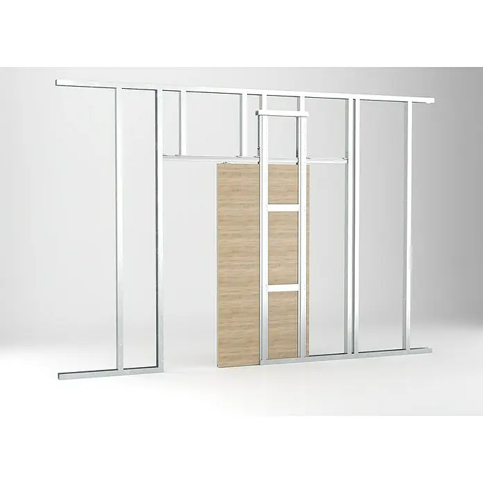 Knauf Pocket Kit Easy Schiebetürsystem Standard - Stahl, Für CW 100 mm - Visualisierung eines modernen Schiebetürsystems mit einer Holztür in einem Metallrahmen, ideal für minimalistische Raumgestaltung.