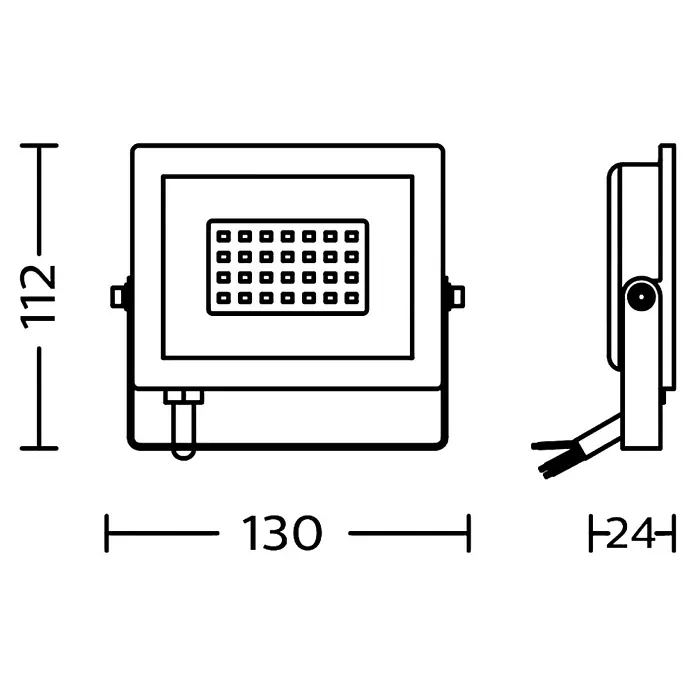 Philips Proyector LED Lois Flood - 20 W, Negro, L x An x Al: 2 x 13 x 11 cm, Blanco frío - Dibujo técnico de un foco LED con altura 112mm, ancho 130mm y profundidad 24mm.