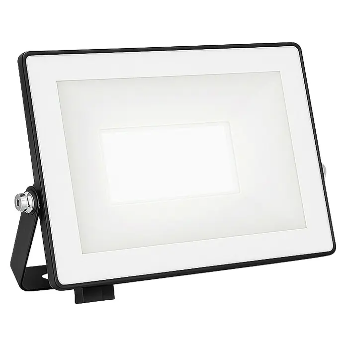 Philips Proyector LED Lois Flood - 20 W, Negro, L x An x Al: 2 x 13 x 11 cm, Blanco frío - Primer plano de un foco LED con marco y soporte negros, que emite una luz blanca brillante.