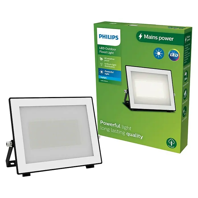 Philips Proyector LED Lois Flood - 50 W, Negro, L x An x Al: 3 x 20 x 17 cm - Un foco LED para exteriores de Philips, mostrado junto a su embalaje, destacando sus características clave.