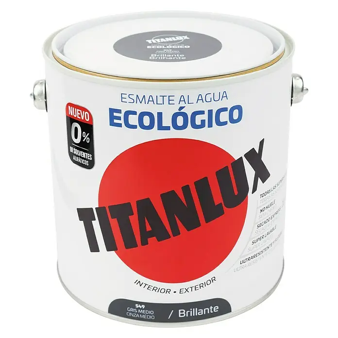 Titanlux Esmalte de color Eco - Gris medio, Reluciente, 2,5 l, Base de agua - Bote de pintura al agua Titanlux Ecologico, color Gris Medio/Cinza Medio, acabado brillante, apto para interior y exterior.